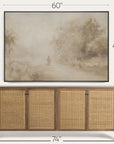 wooden sideboard with wicker doors and a framed landscape painting above it, with measurements indicated. 