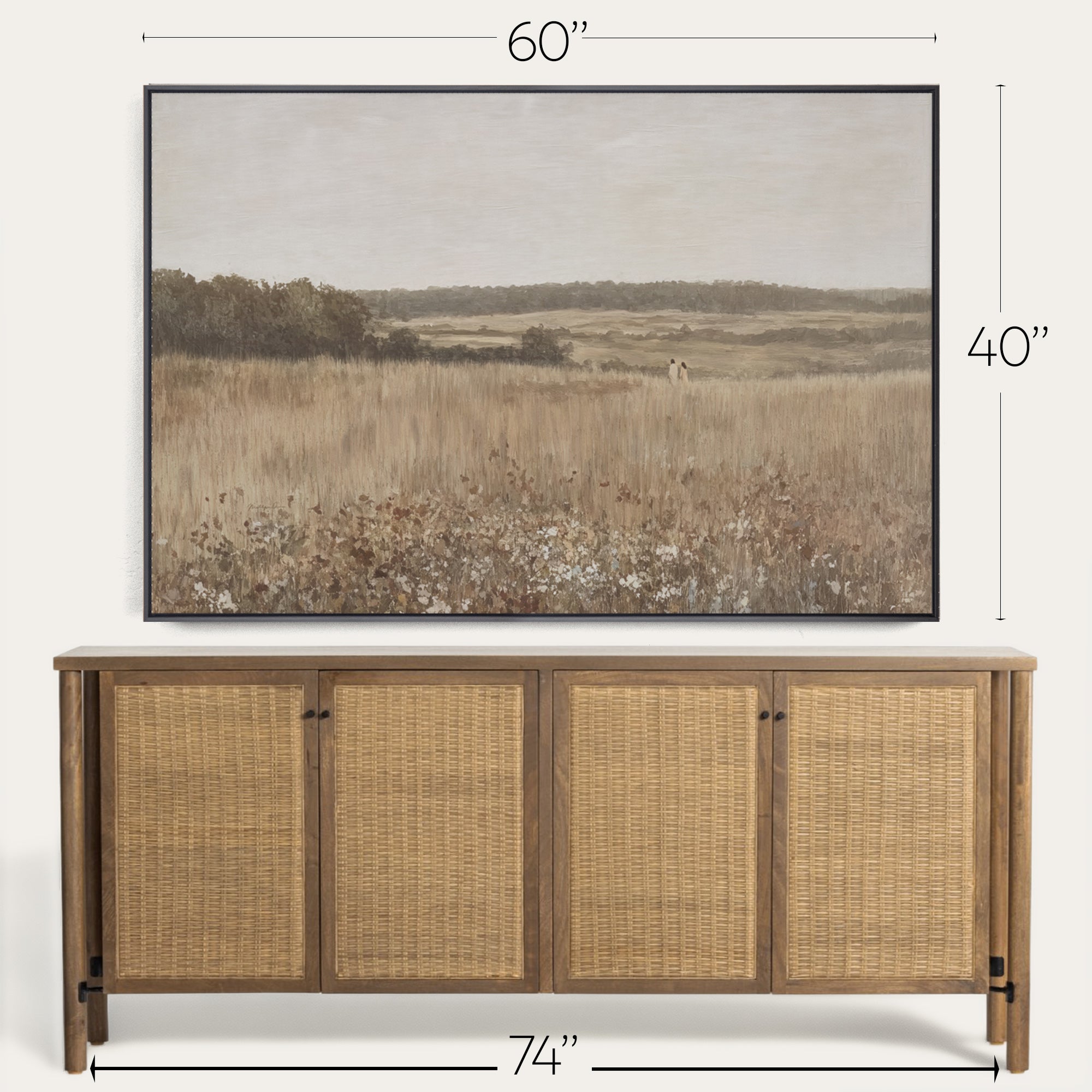 Wooden sideboard with rattan doors and framed landscape painting above, with dimensions displayed. 