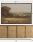 wooden sideboard with a landscape painting above it, showing dimensions. 