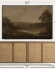 framed landscape painting above a wooden sideboard with dimensions indicated. black 