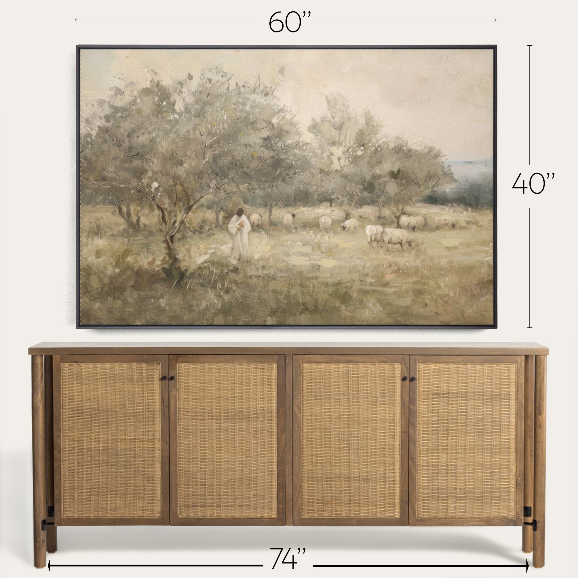 Framed landscape painting above a wooden sideboard with dimensions displayed. 