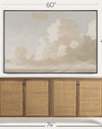 wooden sideboard with wicker doors and a framed artwork above it, with measurements indicated. 