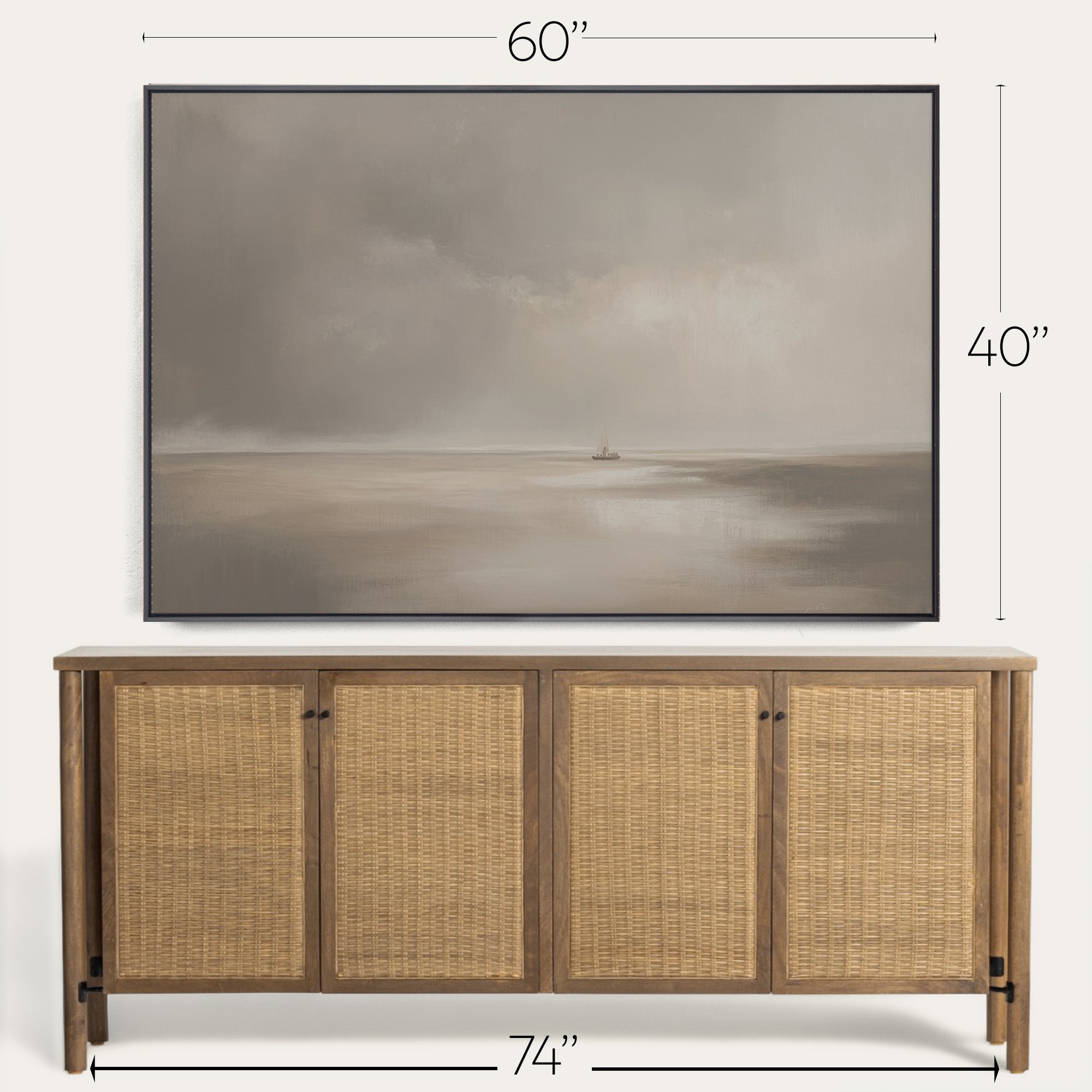 Wooden sideboard with wicker doors and a large painting above it, with dimensions indicated. 