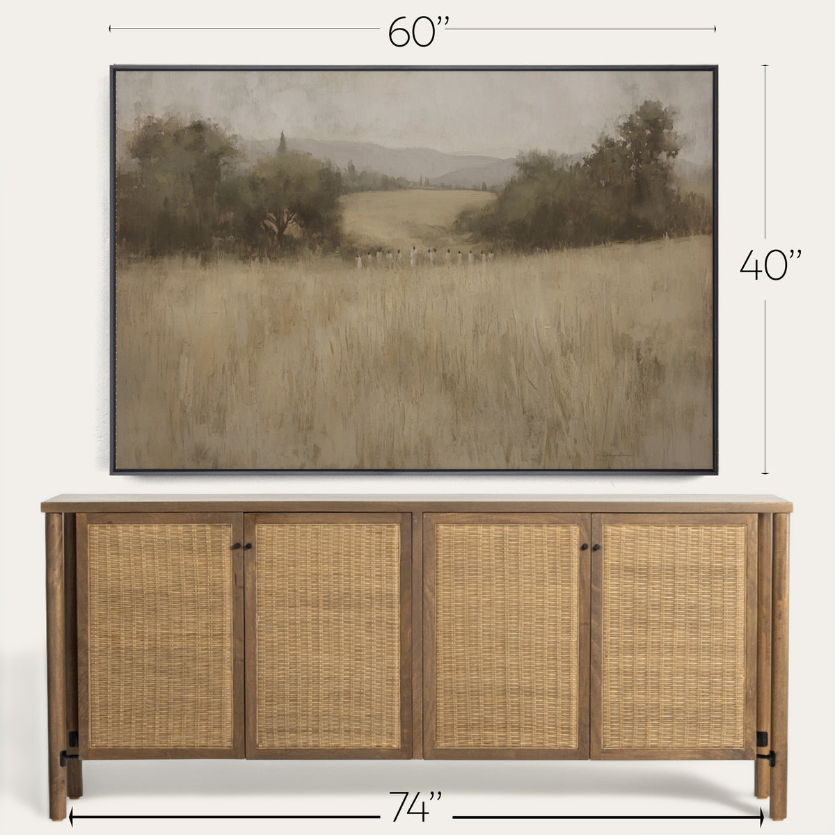 Wooden sideboard with wicker doors and a framed landscape painting above it, with dimensions indicated. 
