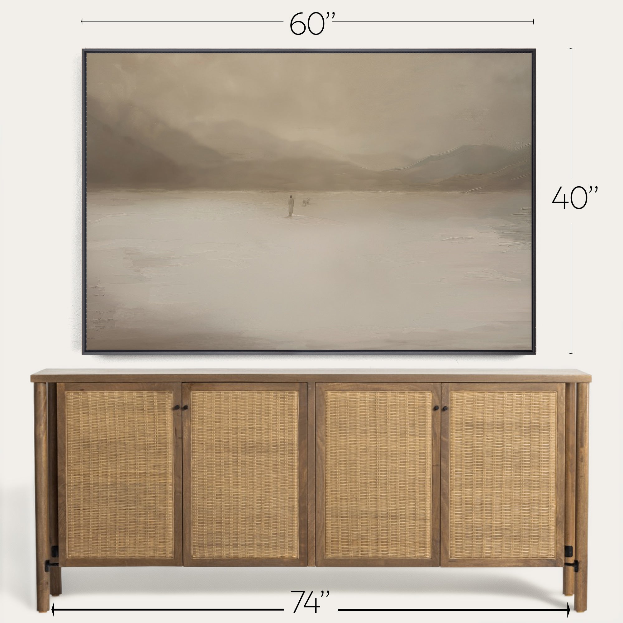 Wooden sideboard with wicker doors and a framed landscape painting above it, with dimensions indicated. 