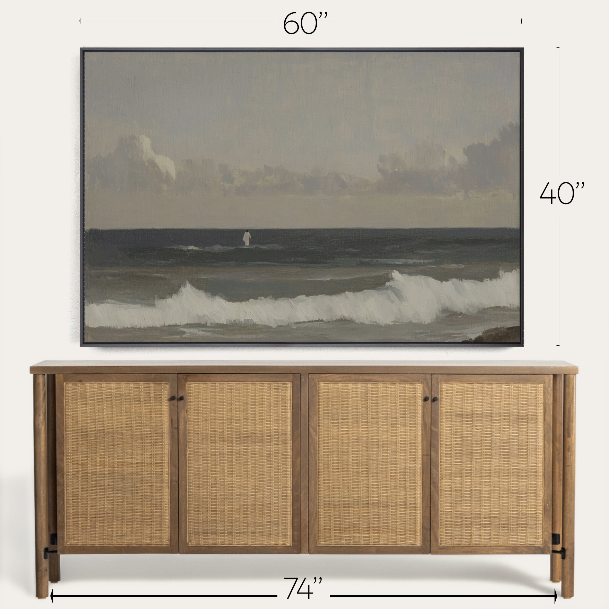 Wooden sideboard with wicker doors and a framed artwork above it, showing dimensions. 