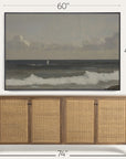 wooden sideboard with wicker doors and a framed artwork above it, showing dimensions. 