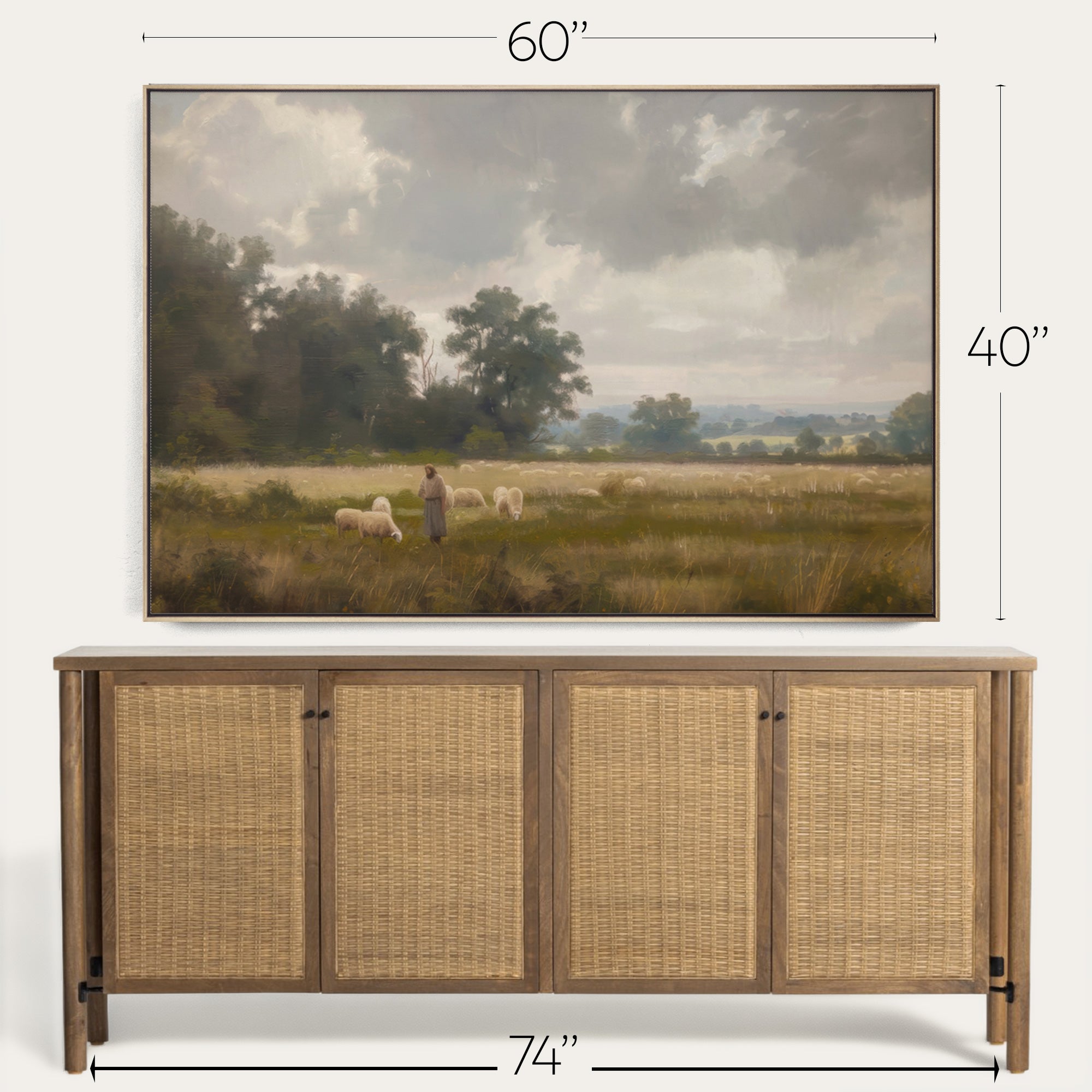 Framed landscape painting above a wooden sideboard with dimensions displayed. 