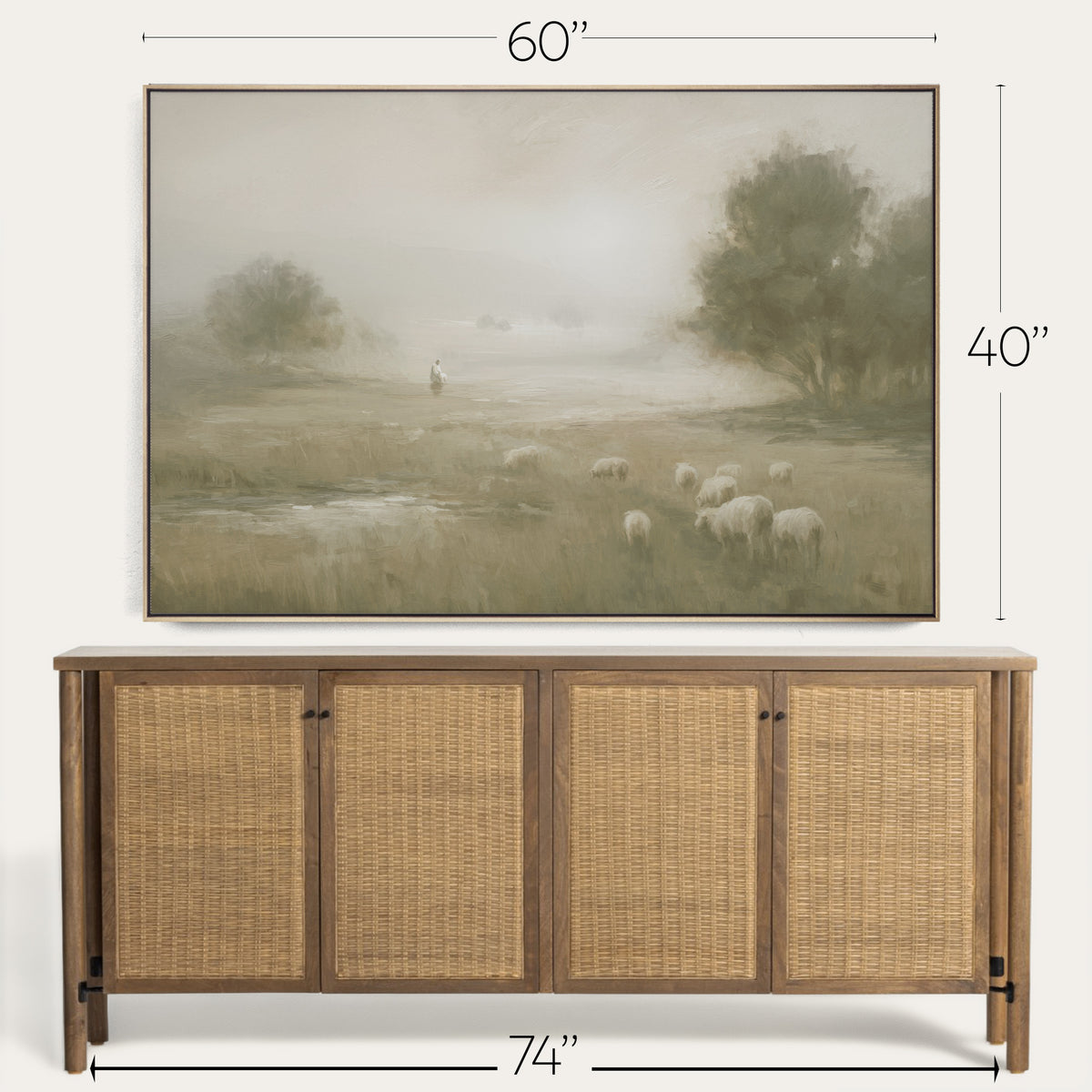Wooden sideboard with wicker doors and a framed landscape painting above it, showing dimensions. 