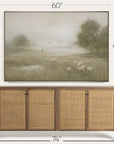 wooden sideboard with wicker doors and a framed landscape painting above it, showing dimensions. 