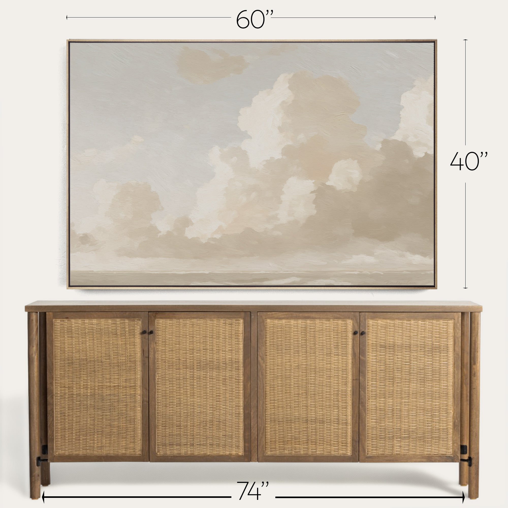 Wicker sideboard with dimensions displayed above a painting of clouds. 
