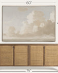 wicker sideboard with dimensions displayed above a painting of clouds. 