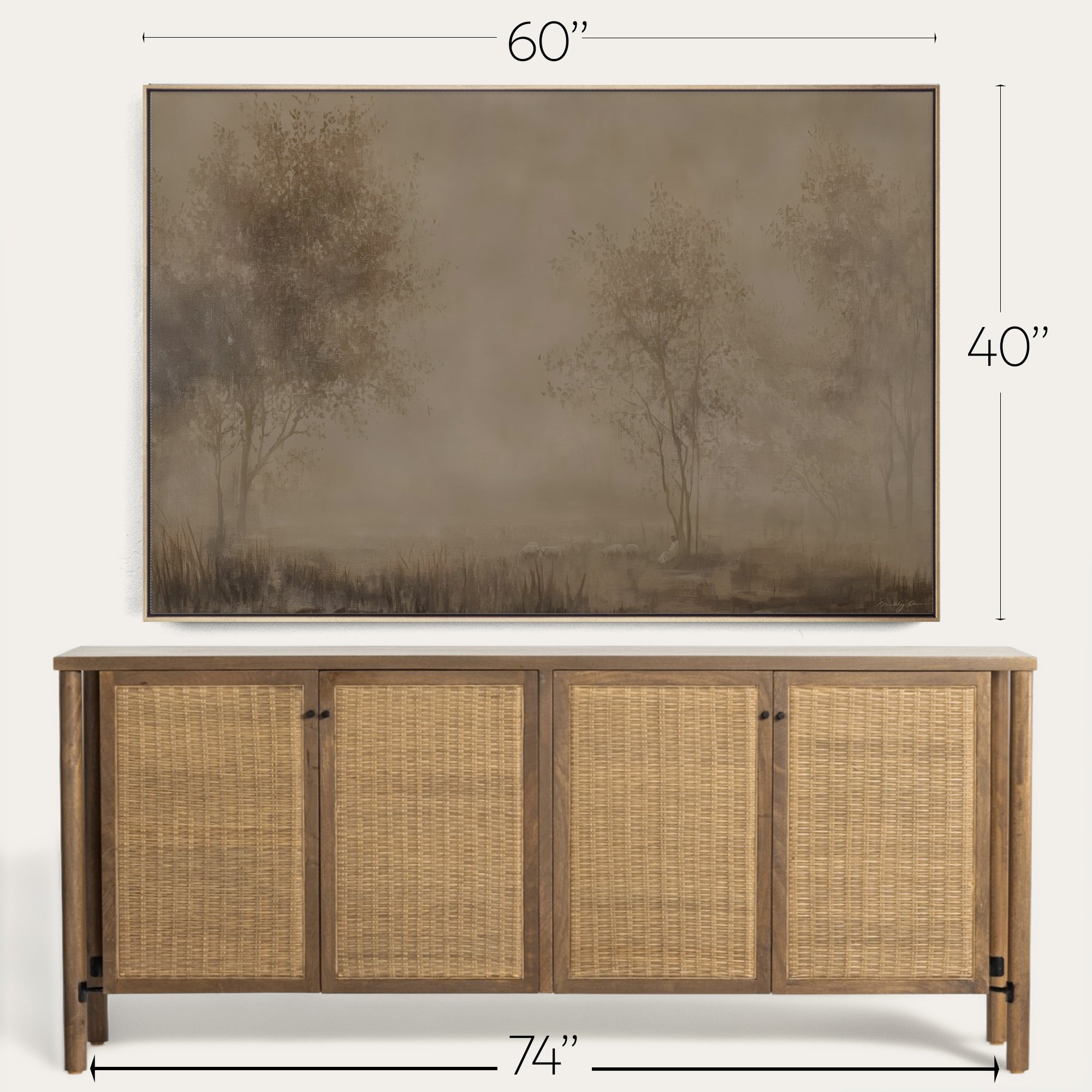 Wooden sideboard with wicker doors and a large landscape painting above it, with dimensions indicated. 