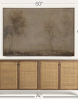 wooden sideboard with wicker doors and a large landscape painting above it, with dimensions indicated. 