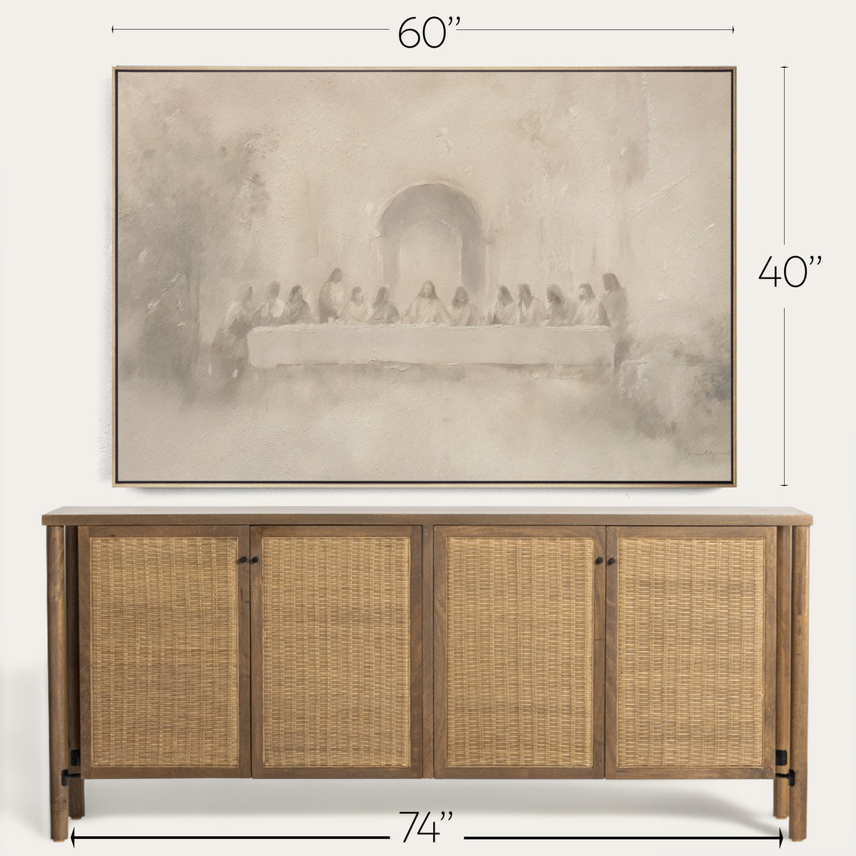 Framed artwork above a wooden sideboard with dimensions displayed 