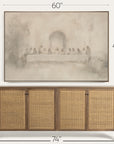 framed artwork above a wooden sideboard with dimensions displayed 