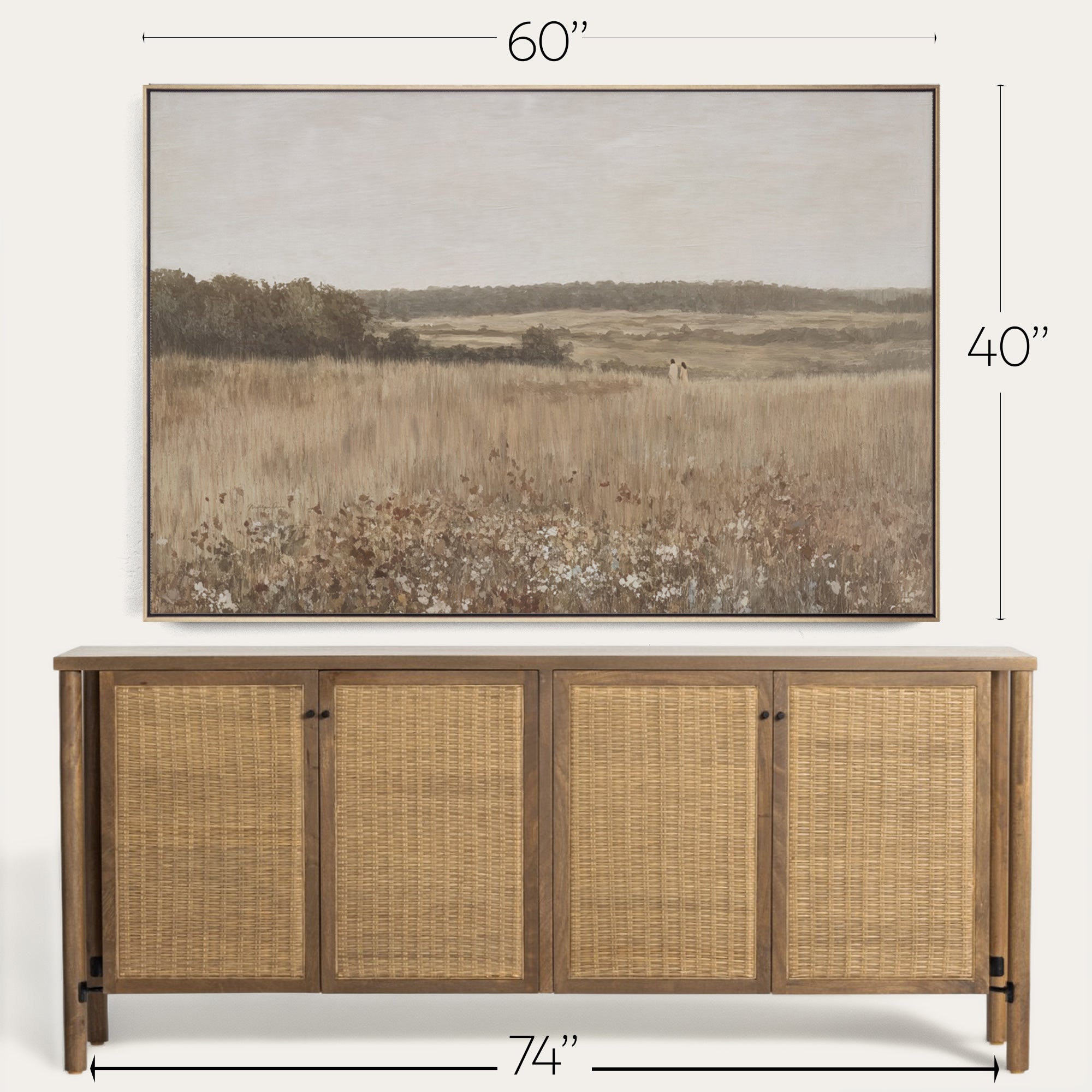Wicker sideboard with dimensions displayed above a landscape painting 