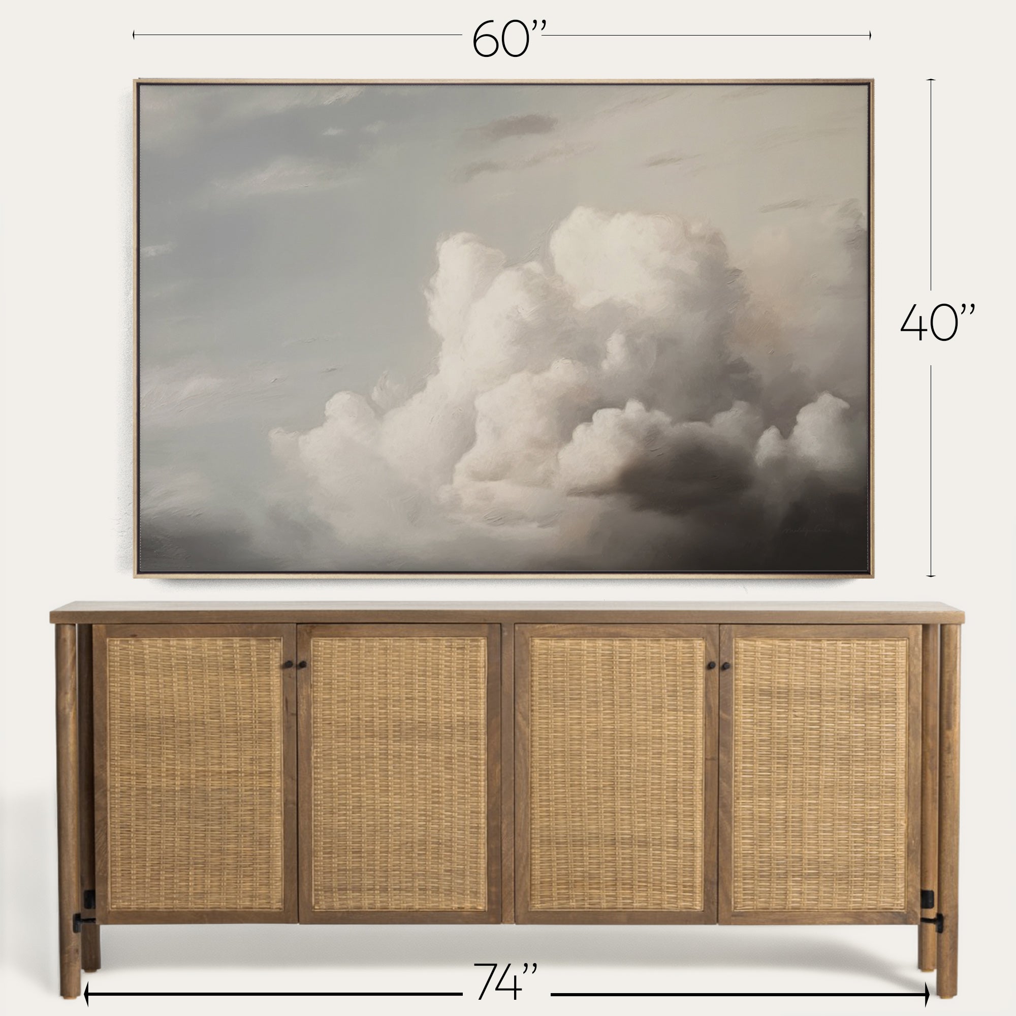 Wooden sideboard with wicker doors and a large cloud painting above it, with dimensions indicated. 
