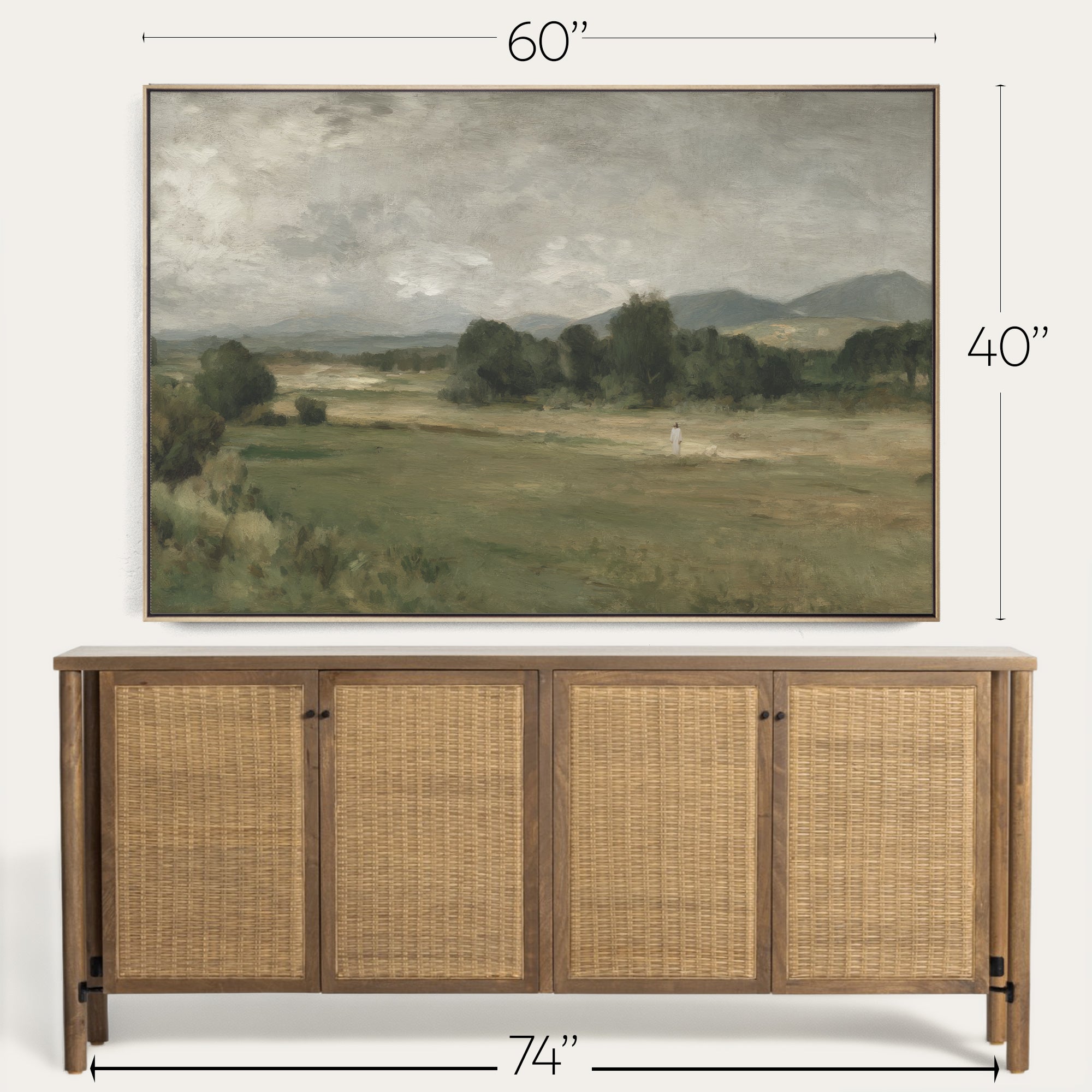 Framed landscape painting above a wooden cabinet with dimensions indicated. 