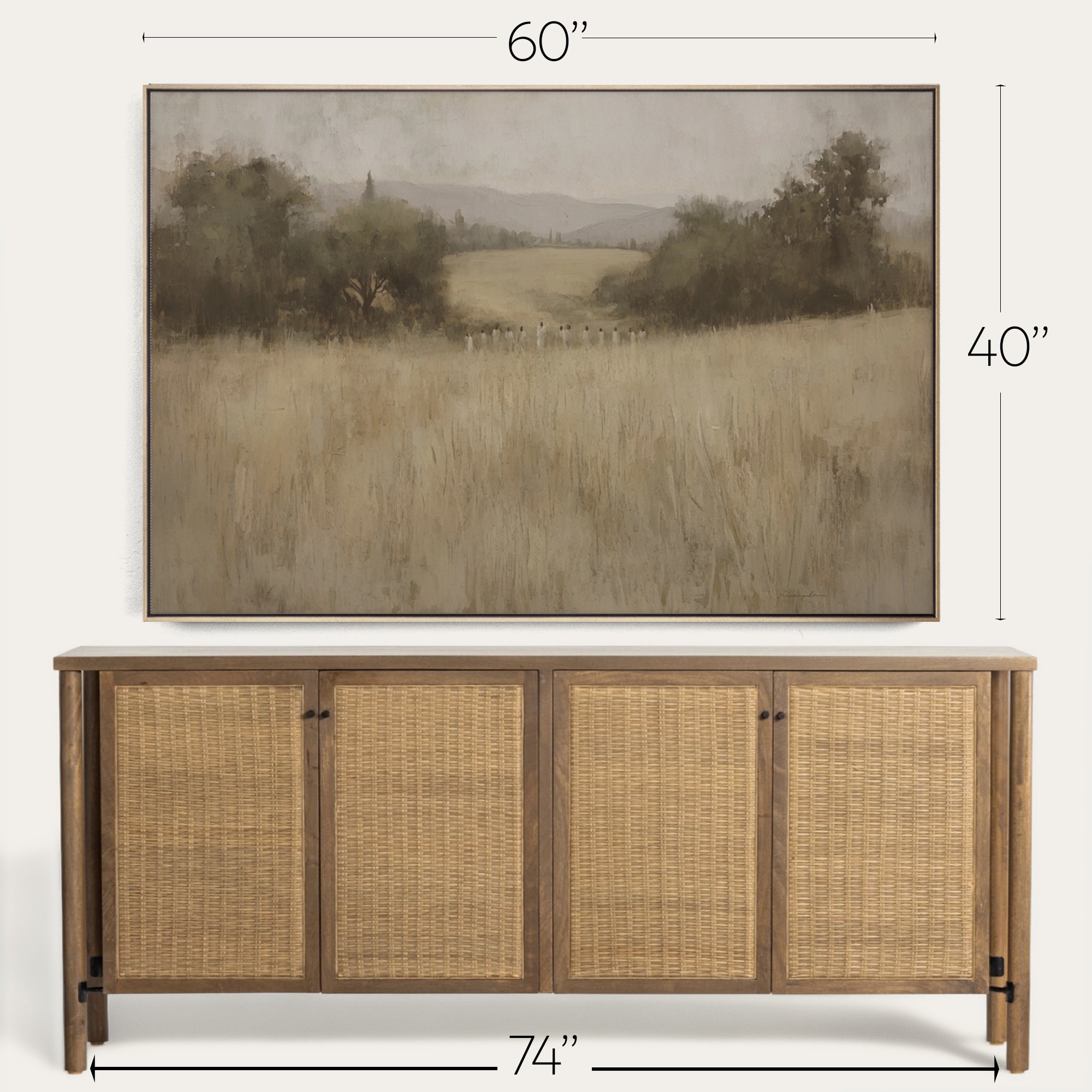 Wooden sideboard with wicker doors and a framed landscape painting above it, with dimensions indicated. 