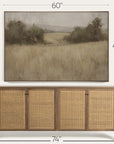 wooden sideboard with wicker doors and a framed landscape painting above it, with dimensions indicated. 