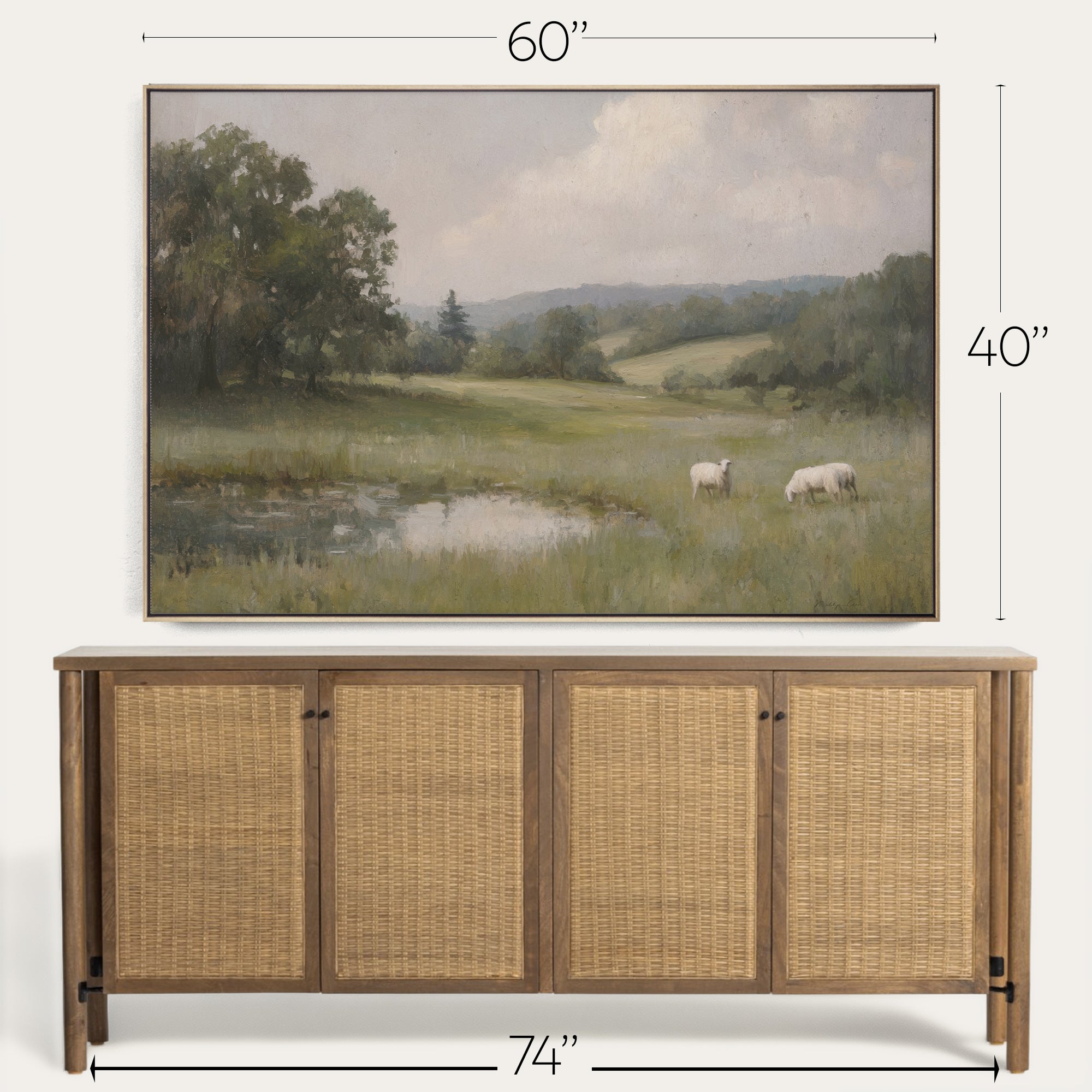 Framed landscape painting above a wooden cabinet with dimensions indicated. 