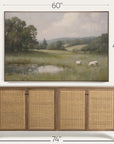 framed landscape painting above a wooden cabinet with dimensions indicated. 