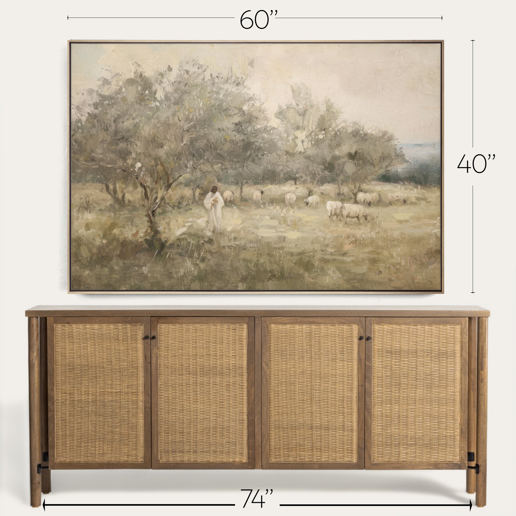 Wicker sideboard with a painting above it, showing dimensions. 