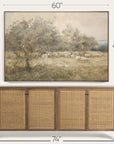 wicker sideboard with a painting above it, showing dimensions. 