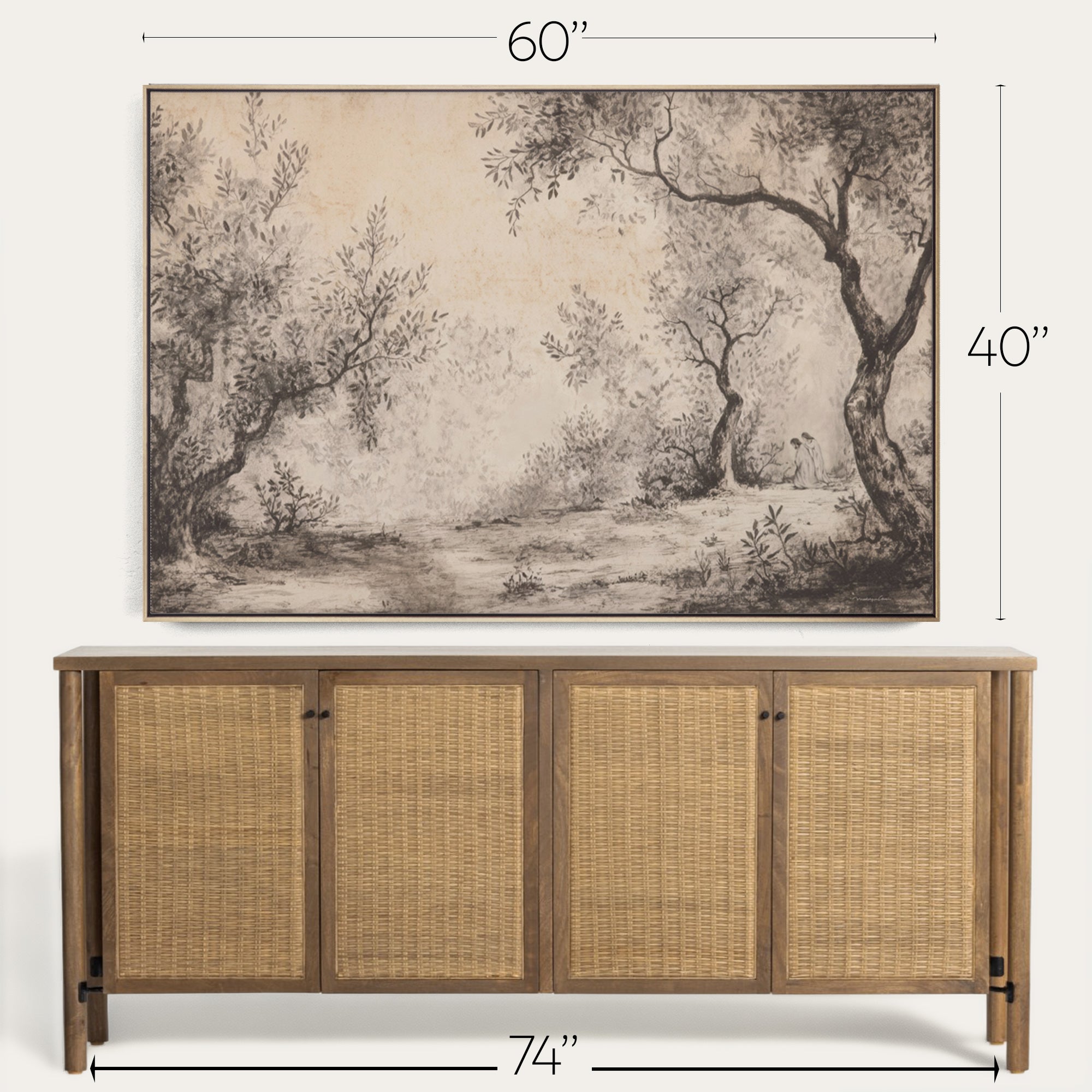 Wooden sideboard with wicker doors and a large landscape painting above it, with dimensions displayed. 