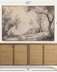 wooden sideboard with wicker doors and a large landscape painting above it, with dimensions displayed. 