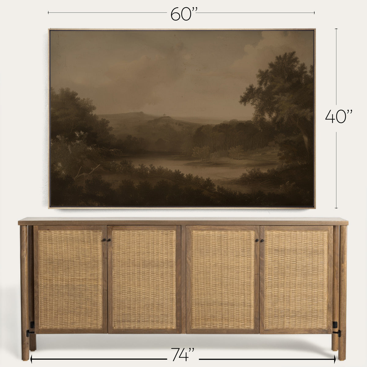 Wooden sideboard with wicker doors and a landscape painting above it, with dimensions indicated. 