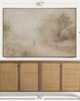 wooden sideboard with wicker doors and a large landscape painting above it, with dimensions. 