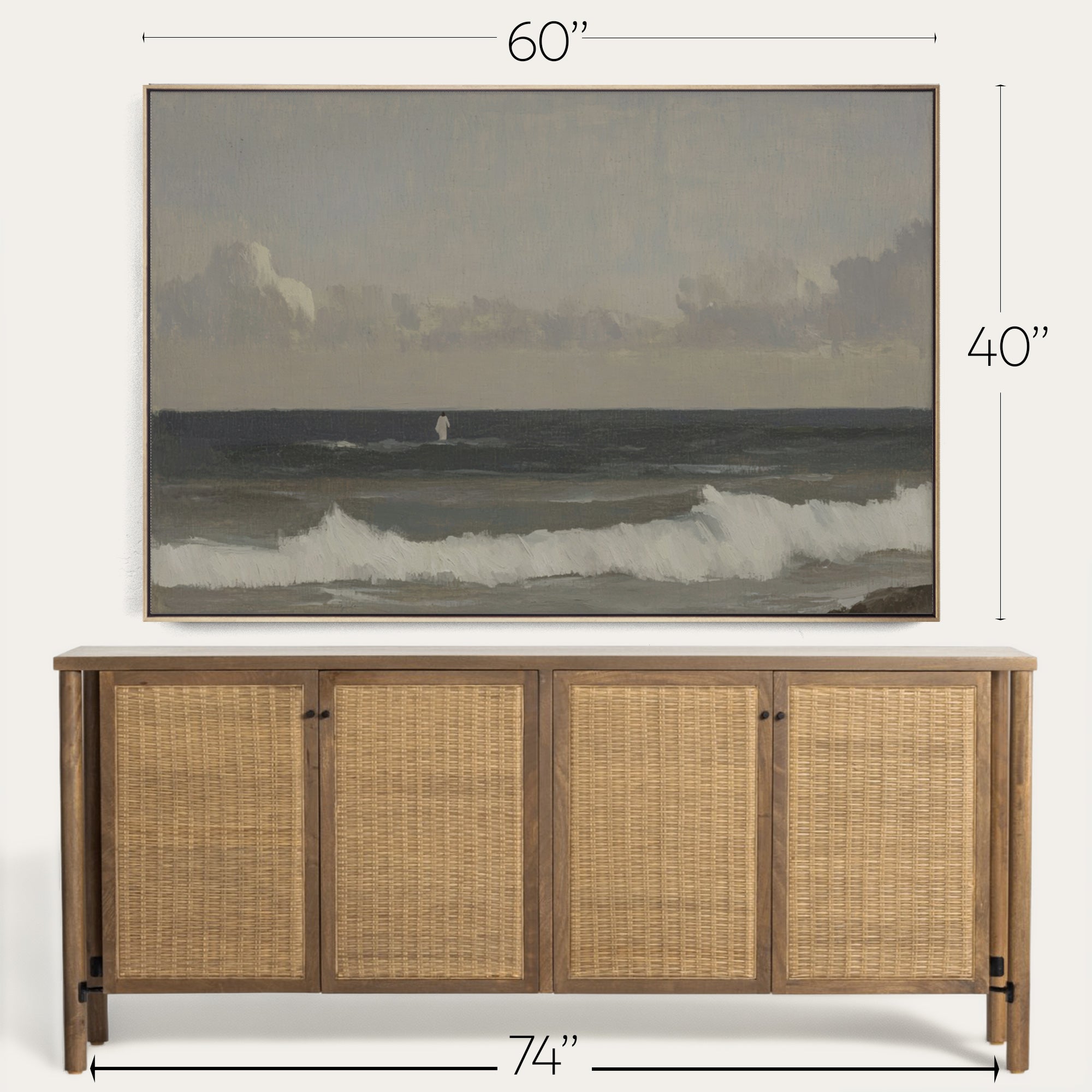 Wooden sideboard with wicker doors and a large framed painting of a seascape above it, with measurements indicated. 