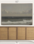 wooden sideboard with wicker doors and a large framed painting of a seascape above it, with measurements indicated. 