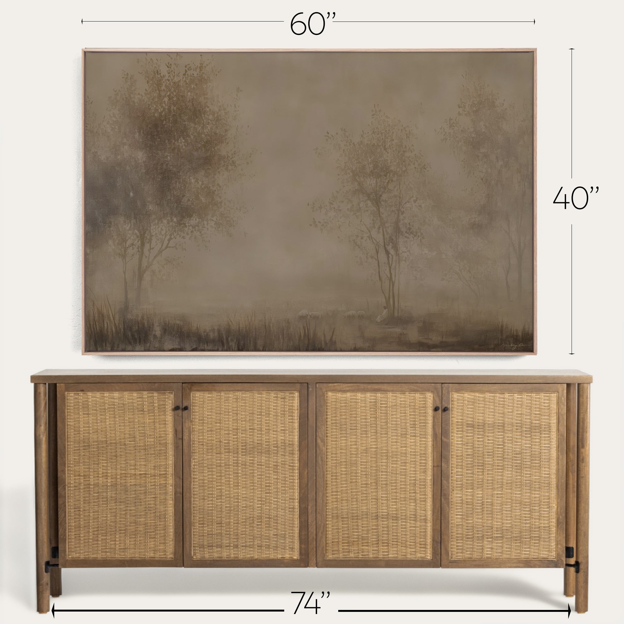 Wooden sideboard with wicker doors and a large landscape painting above it, with dimensions indicated. 