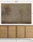 wooden sideboard with wicker doors and a large landscape painting above it, with dimensions indicated. 