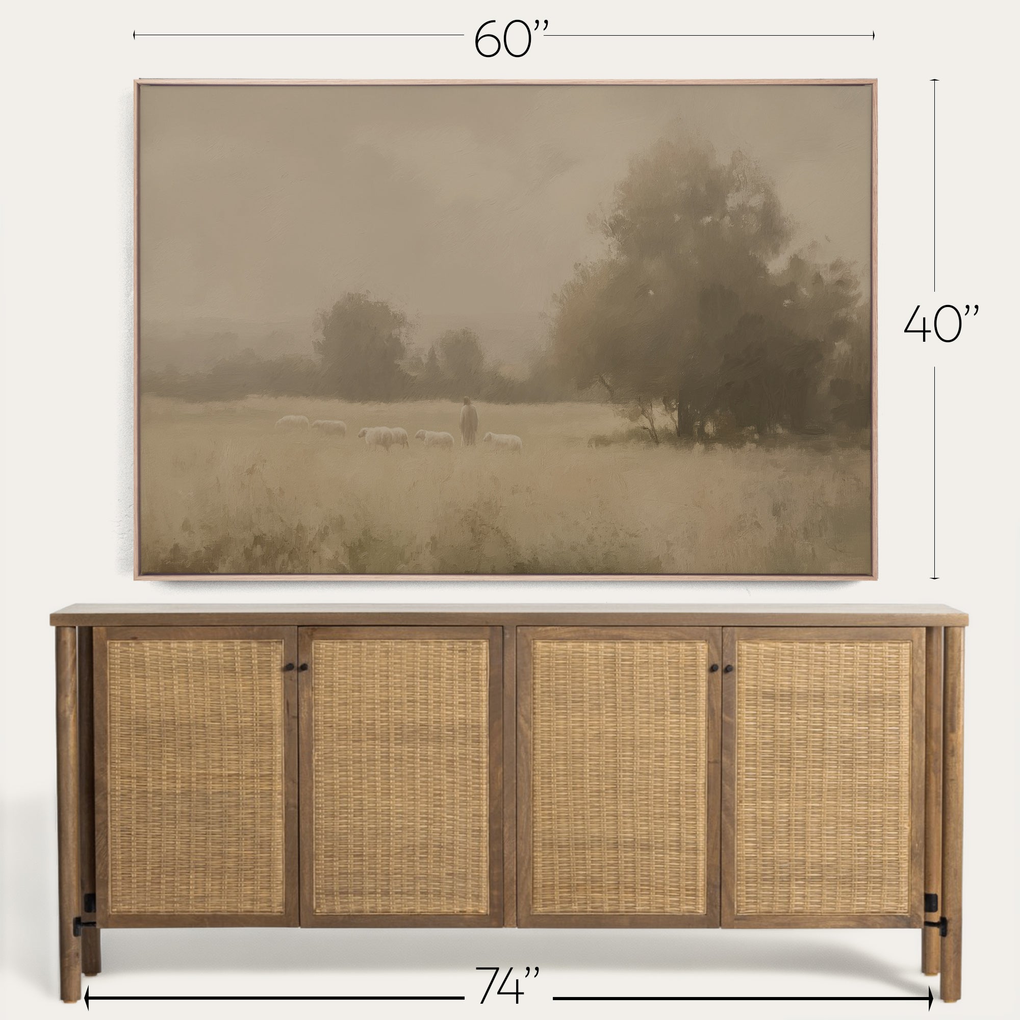 Framed landscape painting above a wooden sideboard with dimensions displayed. 