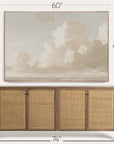 wicker sideboard with a large framed artwork above it, showing dimensions. 