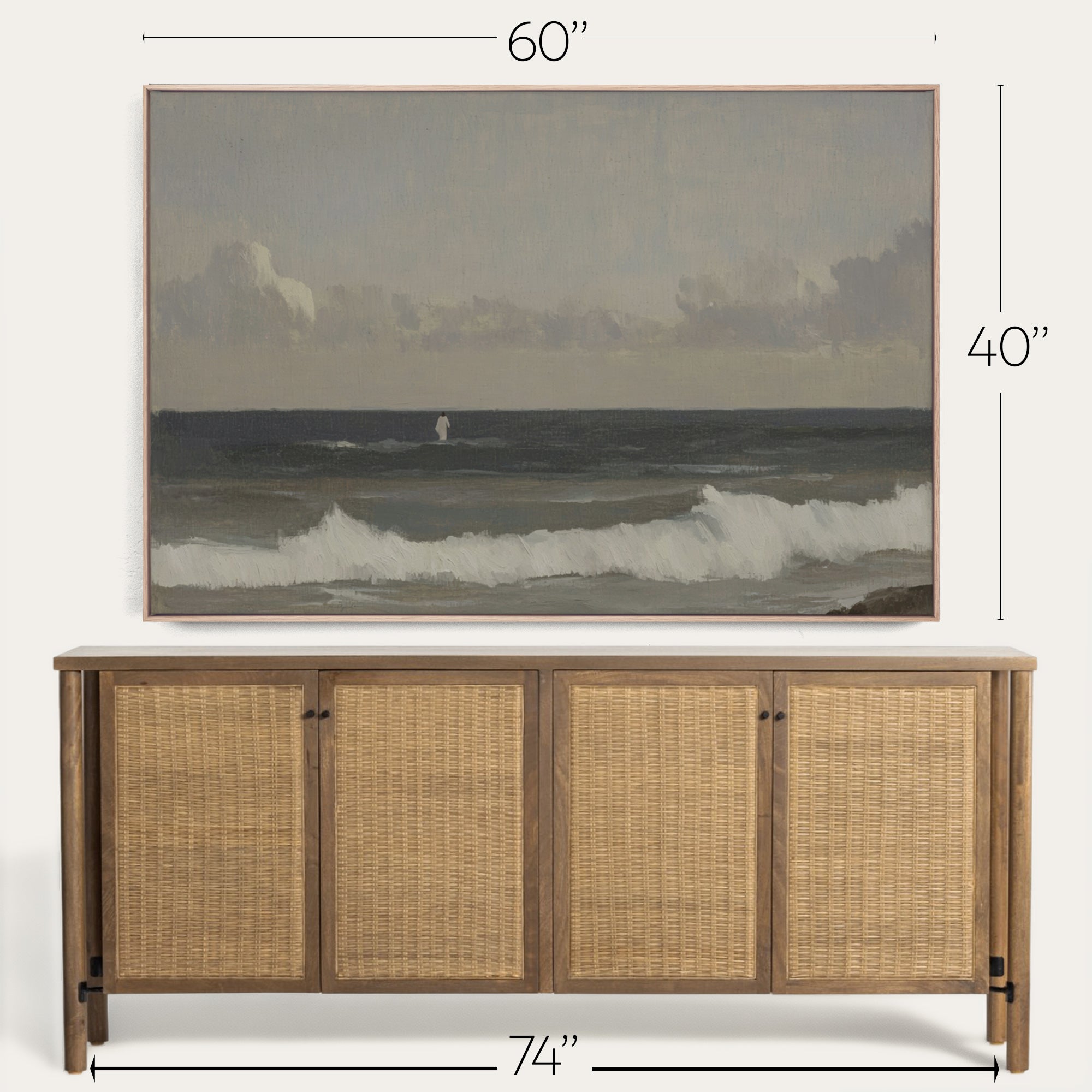 Cabinet with wicker doors and a framed artwork above it, showing dimensions. 