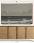 cabinet with wicker doors and a framed artwork above it, showing dimensions. 