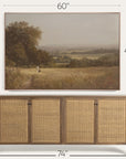 wooden sideboard with a landscape painting above it, showing dimensions. 