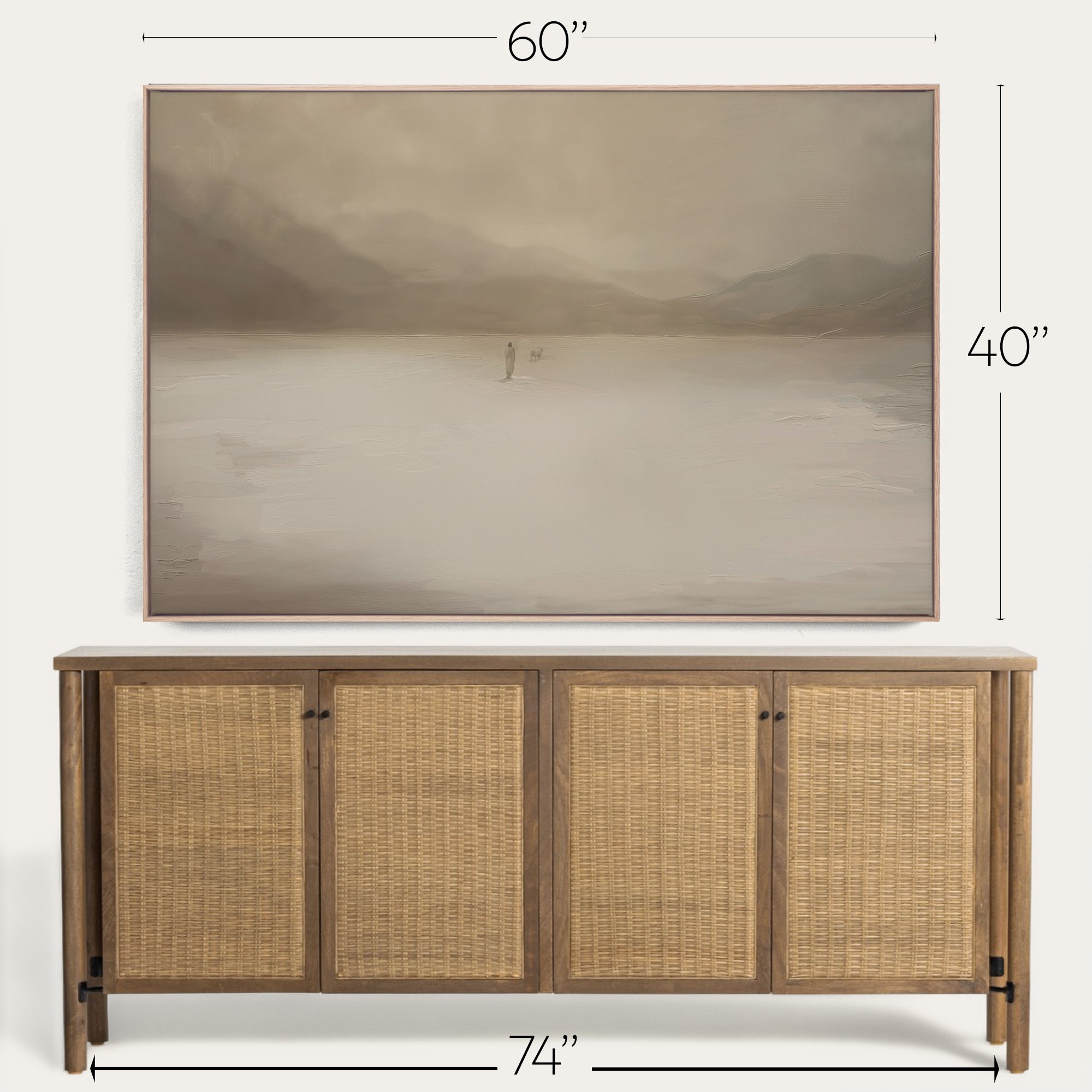 Furniture piece with a painting above it and dimensions displayed 