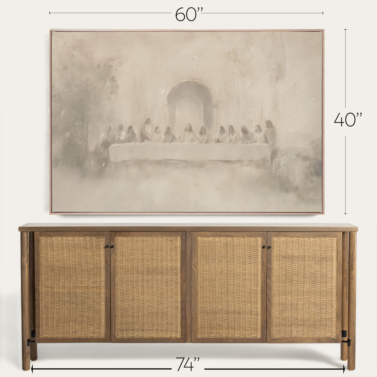 Framed artwork above a wooden sideboard with dimensions indicated. 