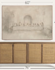 framed artwork above a wooden sideboard with dimensions indicated. 