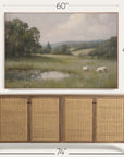 framed landscape painting above a wooden cabinet with dimensions indicated. 