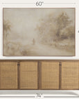 wooden sideboard with wicker doors and a landscape painting above it, with dimensions indicated. 