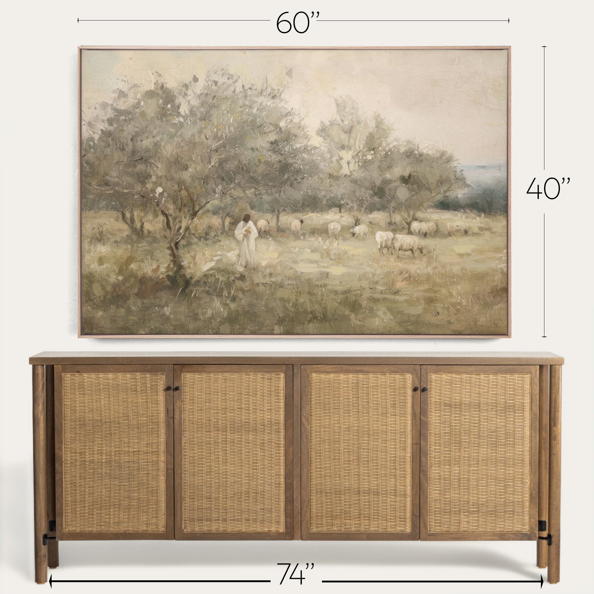 Framed landscape painting above a wooden sideboard with dimensions indicated. 