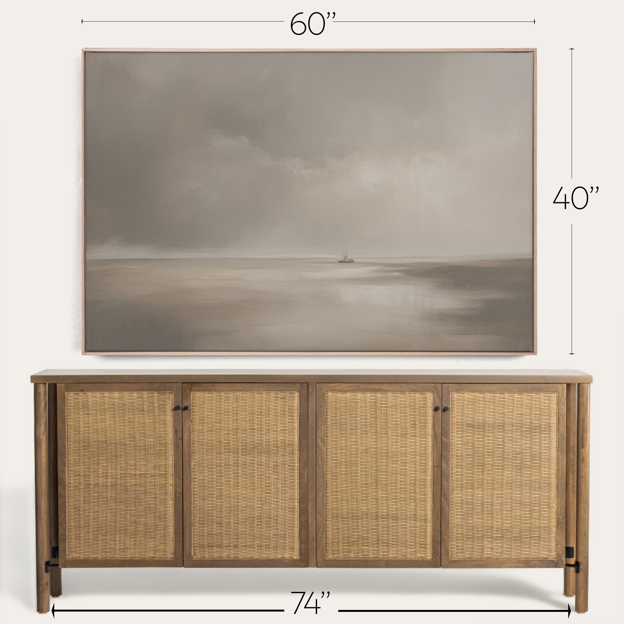 Framed artwork above a wooden console table with dimensions indicated. 
