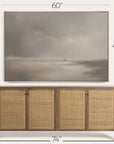 framed artwork above a wooden console table with dimensions indicated. 